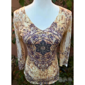 Kiara Mustard Yellow & Purple Bedazzled Design Boho Top Size S
